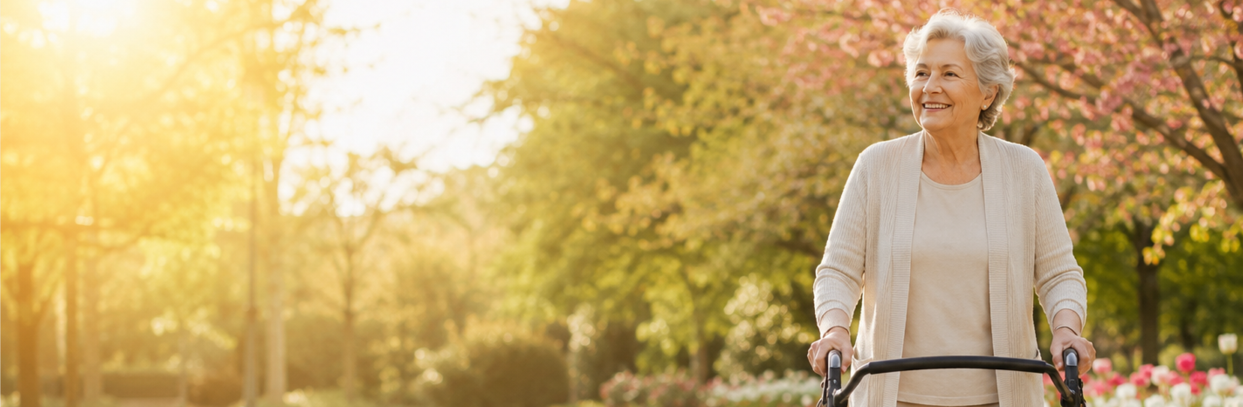 A smiling woman walking confidently with a rollator